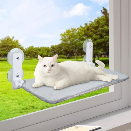 AMZOO Cordless Cat Window Perch Hammock for Wall with 4 Suction Cups Anchor & Screw for Easy Installation Solid Metal Frame 2 Reversible Covers Foldable Cat Bed for Indoor Cats