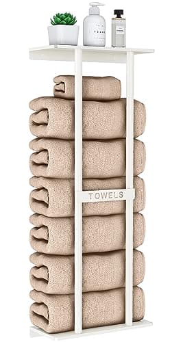STWWO Wall Towel Rack for Rolled Towels, Towel Storage for Small Bathroom Can Holds 6 Large Towels, 30 inch Towel Racks with Shelf, White