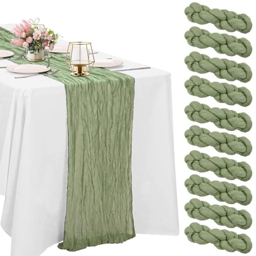 10 Pack Sage Green Cheesecloth Table Runner 10FT Boho Gauze Fabric Table Runner Vintage Rustic Sheer Runners for Wedding Party Bridal Baby Shower Long Table Decorations