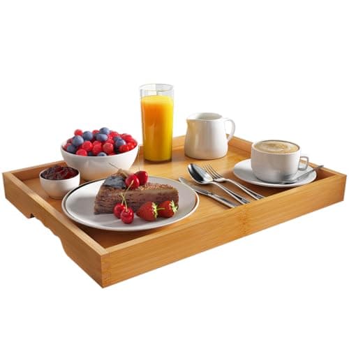 Artmeer Bamboo Breakfast Serving Tray, Portable Serving Platters Tray Great for Dinners Party Tea Bar Table Breakfast Snack Trays (Bamboo Color)