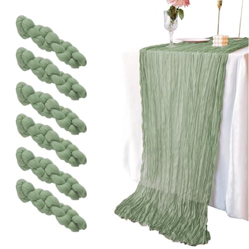 GARENY 6 Pack Sage Green Cheesecloth Table Runner 120 Inch 10 FT Boho Gauze Cheese Cloth Table Runner for Spring Bridal Baby Shower Wedding Birthday Party Holiday Centerpiece for Home Decorations