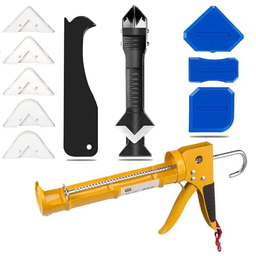 JXINLODGEG Caulk Gun Kit for 10oz Caulk Tubes – Silicone Caulking Gun, Caulk Remover, Sealant Finishing Tool & Grout Scraper – 10:1 Thrust Ratio for Precision Home and Outdoor Repairs