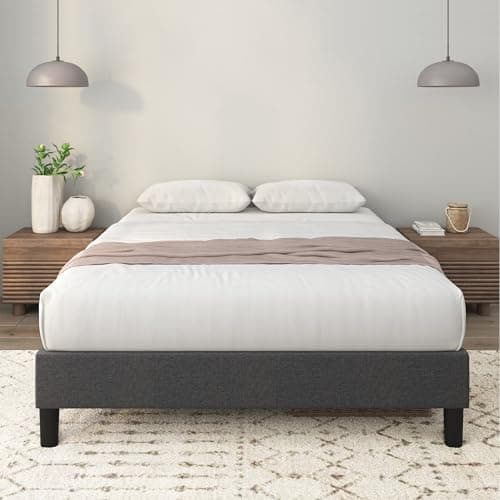 Zinus Curtis Upholstered Platform Bed Frame, Mattress Foundation, Wood Slat Support, No Box Spring Needed, Eco Friendly WonderBox (TM) Packaging, Dark Grey, Queen
