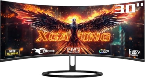 XGaming Curved Gaming Monitor - 30 Inch Ultra Wide, 200Hz WFHD, 1800R, 2560x1080p, 1ms, 100% sRGB, FreeSync, HDMI DP Display, Dual Speakers, VESA, PC Screen with Rainbow Lights