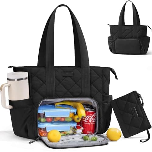 Puffer Lunch Tote Bag for Women, 15.6 Inch Laptop Work Bag with Insulated Lunch Compartment & Large Cup Holder, Lightweight Quilted Puffy Lunch Box Purse for Teacher Nurse Travel Office Daily School