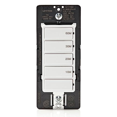 Leviton Countdown Timer Switch for bathroom fan and household lights, 10-20-30-60 min, No Neutral Required, Single Pole, 15A, 1/2HP/9.8A Fan/Motor, DT160-1LW, White