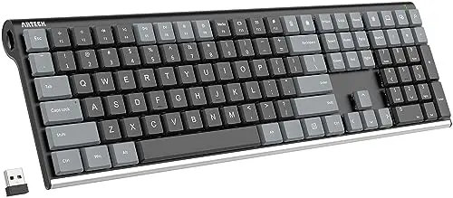 Arteck Mechanical 2.4G USB Wireless Performance Keyboard, Tacktile Quiet Brown Switches, Stainless Steel Low Profile for PC/Desktop/Laptop/TV and Windows 11/10 Built in Rechargeable Battery Gray