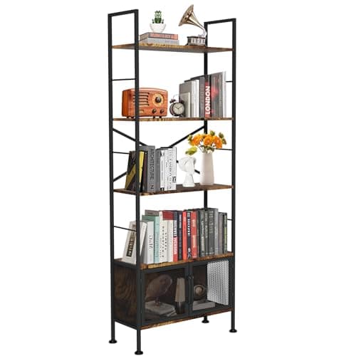 Ksuefao Bookshelf, Industrial Bookshelves and Bookcases, 5 Tier Bookshelves, Wood and Metal Book Shelf Storage Organizer for Bedroom, Living Room, Rustic Brown