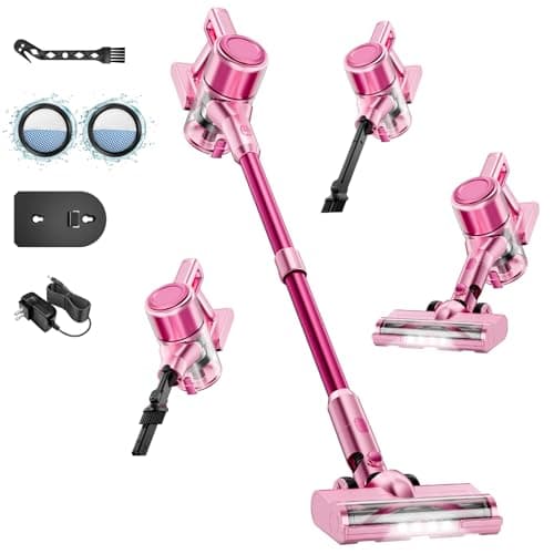 Vaconly Cordless Vacuum Cleaner, 8 in 1 Powerful Stick Vacuum with 45min Runtime, Anti-Tangle Vacuum Cleaners for Home, Lightweight Handheld Wireless Vacuum for Hardwood Floor Carpet pet Hair, Pink