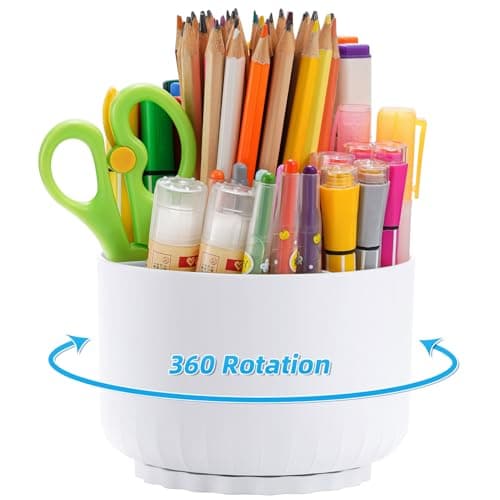 Marbrasse Desk Organizer, 360-Degree Rotating Pen Pencil Holder, Desk Organizers and Accessories with 5 Compartments Pencil Organizer, Art Supply Storage Box Caddy for Office, Home(White)
