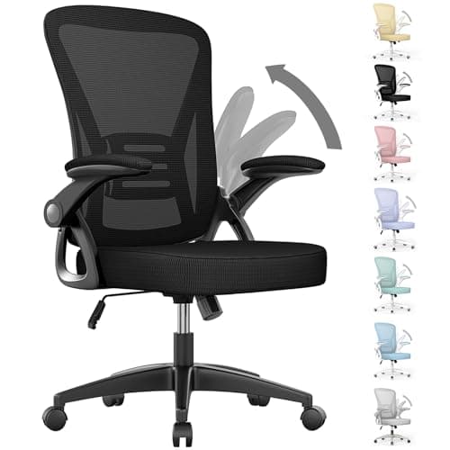 naspaluro Ergonomic Office Chair, Mid Back Desk Chairs with Adjustable Height, Swivel Chair with Flip-Up Arms and Lumbar Support, Breathable Mesh Computer Chair for Home/Study/Working, Dark Black