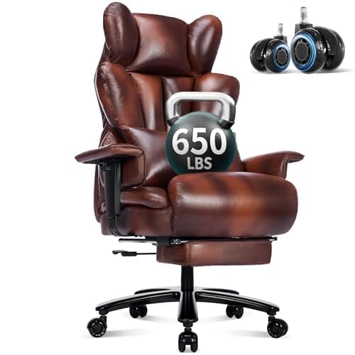 Big and Tall Office Chair with Footrest 650LBS,Large Heavy Duty Executive Office Chair-Wide Seat,Ergonomic High Back Computer Chairs for Heavy People,Adjustable Lumbar Support,Dual Rubber Wheels,Brown