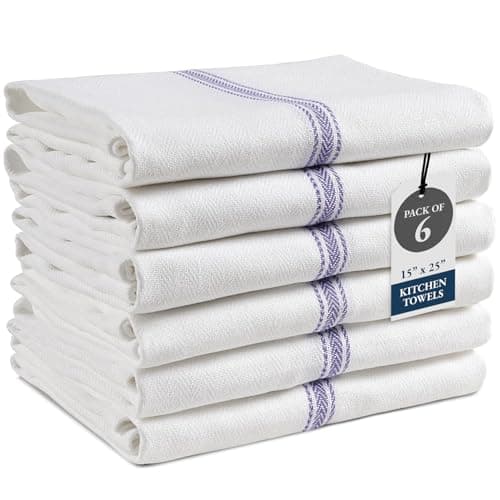 LANE LINEN Kitchen Towels, 6 Pack 14"x25" Dish Drying Towels, 100% Cotton Tea Towel with Hanging Loop, Reusable Napkin, Durable After Multiple Washes, Soft & Absorbent - Blue Stripe