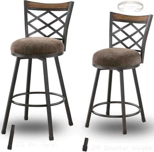 KORZEY Swivel Bar Stools Set of 2, 25/30 Inch Adjustable Brown Fabric Bar Chairs with Antique Brass Frame, Mid-Century Counter Barstools with Back for Kitchen Island