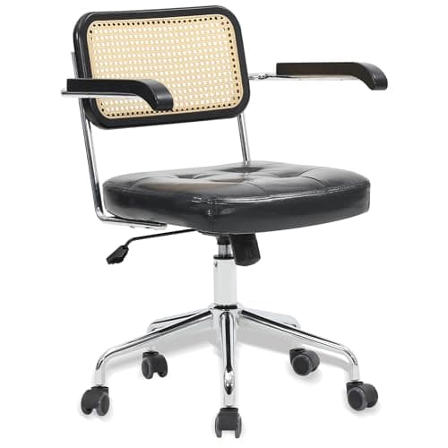 KROFEM Mid Century Modern Tilting Rattan Back Desk Chair with Wheels, 360 Swivel, Height Adjustable, Armrest, Perfect for Home Office, PU Leather, Black