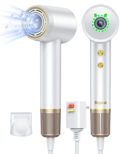 Bopcal Ionic Hair Dryer, 160000 RPM Brushless Motor, Smart Thermo-Control, Negative Ion Fast Drying, Quiet Lightweight Blow Dryer, Cold Air & 4 Heat Settings, for Home Travel Salon, White