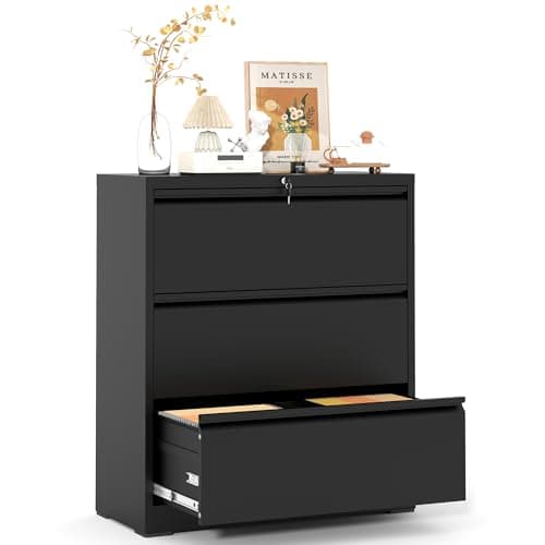 VIYET 3 Drawer File Cabinet,Metal Lateral Filing Cabinet with Lock,Home Office Storage Organizer Cabinet for Legal/Letter/A4/F4 Size Files,35.5" W,Black
