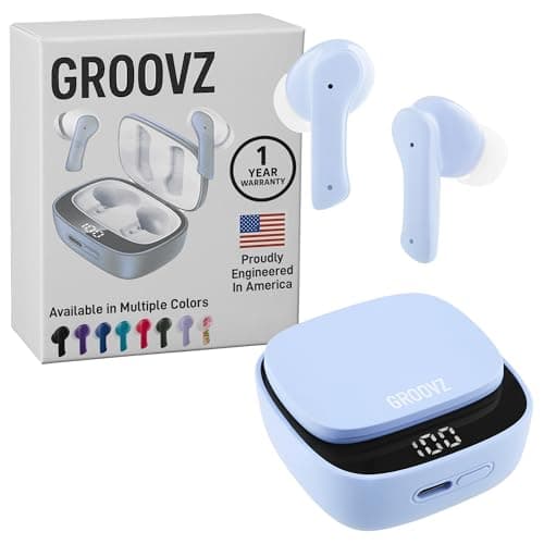 Groovz True Wireless Earbuds with Charging Case - Designed and Engineered in The USA - IPx4 Water Resistant Bluetooth Earbuds Compatible with Apple and Android - 27Hrs Battery Life - Light Blue