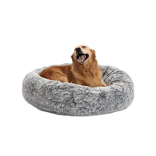 Bedfolks Calming Donut Dog Bed, 36 Inches Round Fluffy for Large Dogs, Anti-Anxiety Plush, Machine Washable (Dark Grey, Large)