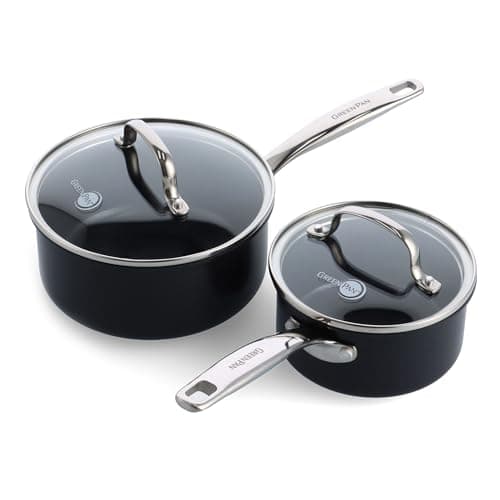 GreenPan Prime Chatham 1QT & 2QT Saucepan Pot Set with Glass Lids, Hard Anodized Diamond Infused Ceramic Nonstick, PFAS-Free, Dishwasher Safe, Oven Safe, Multipurpose Chefs Pan, Stay-Cool Handle,Black