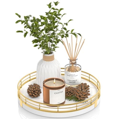 Round Wooden Decorative Tray for Coffee Table Kitchen Dining Table Decor - Rustic Farmhouse Wood Centerpiece Display Tray for Living Room Decor, Perfume, Plant,Bathroom Accessories (10" White Gold)