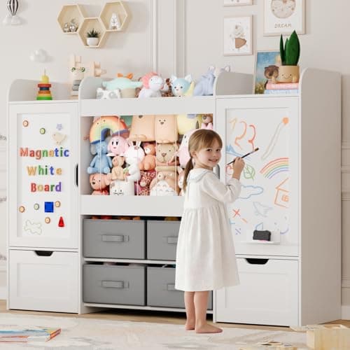 VortinT 61" W Toy Storage Organizer, Kids Toy Storage with Stuffed Animal Storage, 2 Movable Toy Box, 4 Storage Bins and 2 Magnetic Boards, Montessori Bookshelf for Kid Toy Room Organization(White)