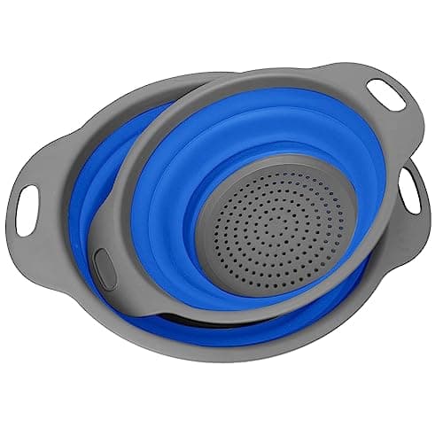 Collapsible Colander, Set of 2 PCS Collapsible Strainer, Space-Saving Kitchen, Food-Grade Silicone Folding Strainer Colander with Handle (Blue)