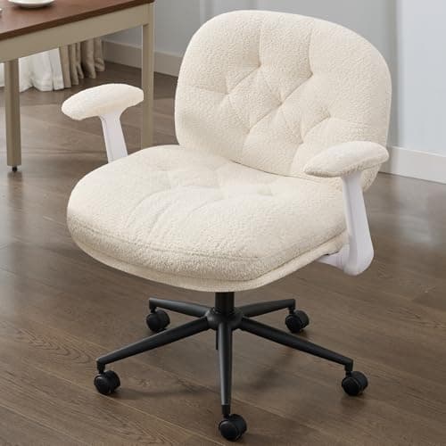 Criss Cross Chair with Flip-up Armrests, Cross Legged Office Chairs with Wheels, Comfy Swivel Chair with Wide Seat for Women, Adjustable Makeup Vanity Chairs for Apartment, Home, Office, Beige