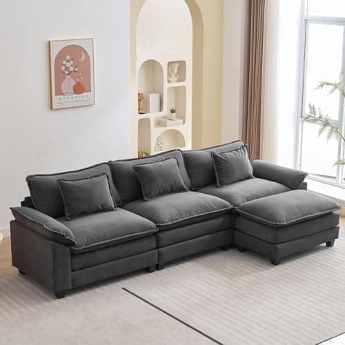 VUYUYU L Shape Sofa Comfy Sectional Cloud Couch for Living Room with Pillows, Modern Velvet Sofa Sleeper Deep Couches with Ottoman (Grey, 4-Seat)