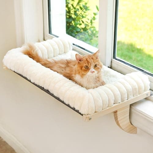 valigogo Cloud-Soft Cat Window Sill Perch with Zipper Designed Cushioned Bed, Supportive Cat Window Seat with Premium Solid Wood & Sturdy Metal Frame, Pet Hammock Bed for Large Cats (Medium, White)