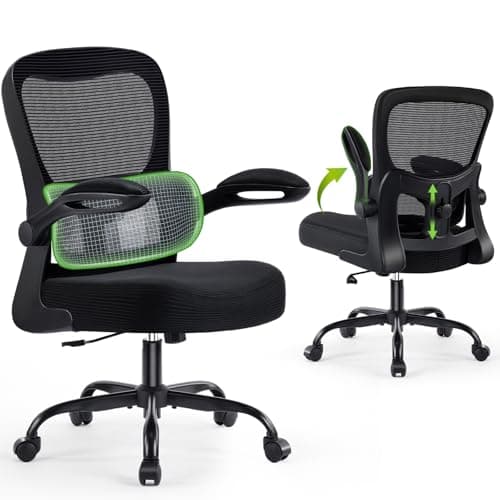 AreShark Ergonomic Office Chair, Comfy Desk Chair with Adjustable Lumbar Support, Mesh Computer Chair with Wheels, Flip-up Armrests, Swivel Rolling Executive Chair for Home Office, Gaming, Black