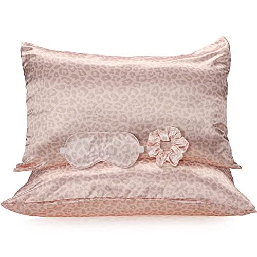 2 Pack Satin Pillowcase with Latent Zipper, Adjustable Satin Eye Mask for Sleeping and Satin Volume Scrunchie for Hair and Skin, Standard Size (Pink, Leopard Style)