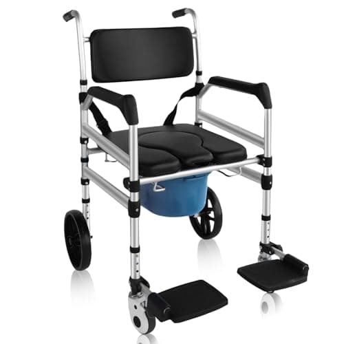 Rolling Shower Chair with Wheels for Elderly and Disabled, Foldable Wheelchair Lightweight Folding, Bedside Commode Chair with Arms for Toilet (Black)