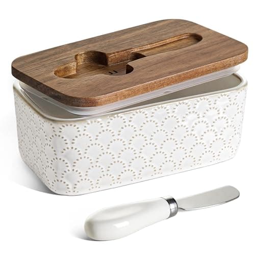 LE TAUCI Butter Dish with Lid for Countertop, Ceramic Butter Container with Acacia Wood lid, Knife, and Airtight Cover, Farmhouse Decor - Set of 1, Arctic White, Fireworks Design