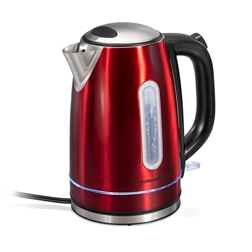 Hamilton Beach Electric Tea Kettle, Water Boiler & Heater, 1.7 Liter, Cordless Serving, 1500 Watts for Fast Boiling, Auto-Shutoff and Boil-Dry Protection, Red with LED Light Ring (41060)