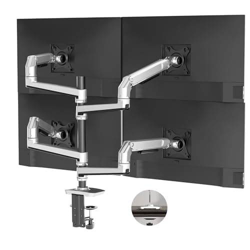 Heavy Duty Quad Monitor Mount Desk Stand, Mechanical Spring 4 Monitor Arm Fits Four 13-40 Inch Screens up to 25 lbs Each, Fully Motion VESA Mount Base (C-Clamp/Grommet), Premium Aluminum, Silver