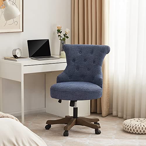 Batohom Home Office Chair Adjustable Height Swivel Chair with Wheels Linen Fabric Upholstered Computer Desk Chair with Wooden Legs Comfortable Armless Chair for Home Office Study Studio(Blue)