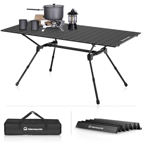 WARMOUNTS Folding Camping Table Adjustable Heights, 49″ Wide Tabletop Portable Camping Table, Aluminum Roll-up Camping Table w/Carrying Bag for Picnic, Grill, Fishing, Beach, Suitable for 4-6 People