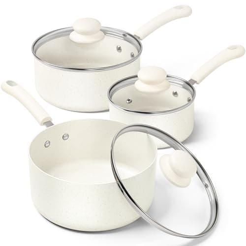 MICHELANGELO Sauce Pan With Lid, Granite Nonstick Saucepans Set, 1QT&2QT&3QT Saucepan With Lid, Multipurpose Cooking Pots, White