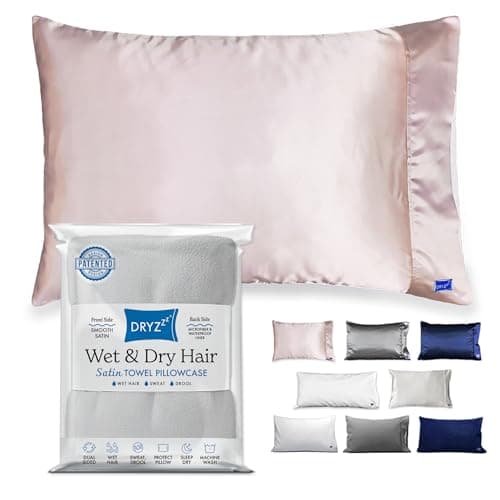 DryZzz Waterproof Pillow Protector Cooling Pillow Case 29"x19" 1pc Pink Standard Size, Absorbent Towel Pillowcase Dual-Sided Satin & Microfiber, Sweat Proof Pillow Cover, Hair Drying Pillowcase