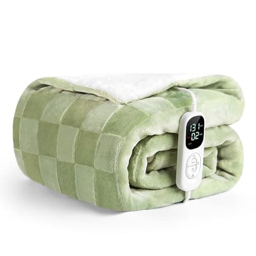 IUUI Heated Blanket Electric Throw Checkered- 50x60 Inches Soft Flannel Heating Blanket,Fast Heating Blanket 6 Heating Levels & 2 Hours Auto Off ETL Certification (Sage Green, Throw 50" x 60")