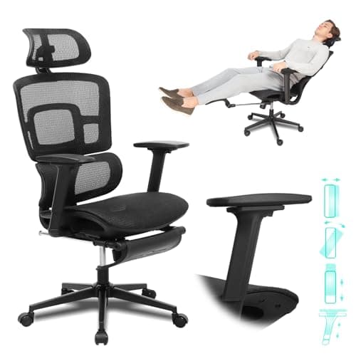 RIEIOR Ergonomic Office Chair with Footrest, 4D Adjustable Armrests, Comfy Swivel Rolling Mesh Computer Desk Chair with Lumbar Support, Wheels for Office, Home, Gaming, S2 Elite