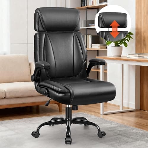 BestGlory Leather Office Chair with Flip-Up Armrests, Ergonomic Desk Chair with Lumbar Support, Big and Tall Computer Gaming Chair with Adjustable Headrest for Working Studying Gaming Relaxing, Black
