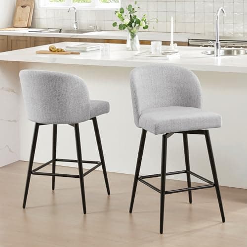 Watson & Whitely Counter Height Bar Stools Set of 2, Swivel Upholstered Barstools with Backs and Metal Legs, 26" H Seat Height, Fabric in White (Multi-Colored)