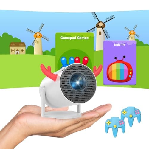 Kids TV & Game Projector with Controllers, DANCIEYA 4K Support Mini Projector Built-in Android System, 100+ Children Story Retro Game, Compact Size for Small Room Christmas Gift Home Cinema Party