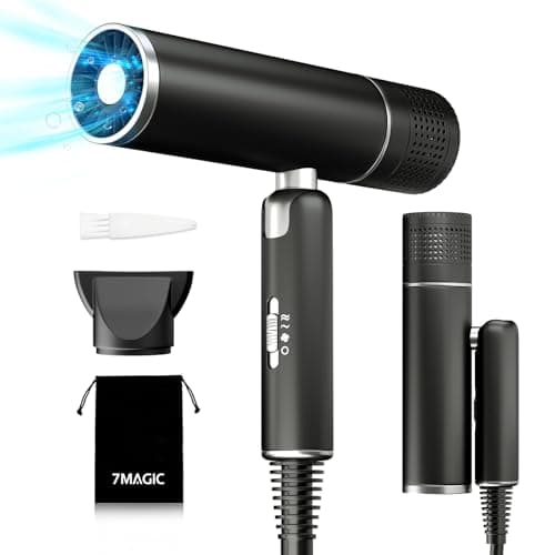 7MAGIC Foldable Hair Dryer, Powerful Ionic Blow Dryer for Fast Drying, Travel Hair Blow Dryer with Storage Bag, Lightweight Portable Hairdryer for Women, Cold/2 Heating/2 Speed Settings, Black