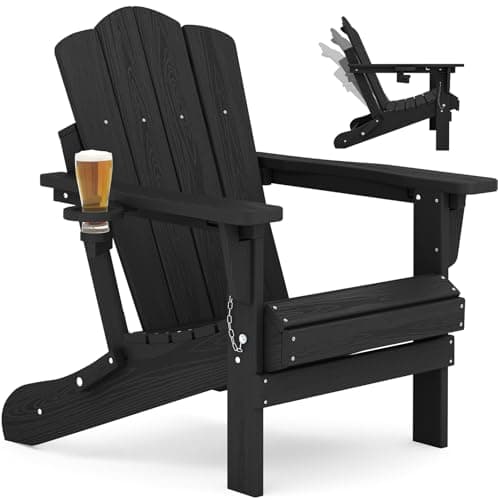 KINGYES Adjustable Folding Adirondack Chair, 3-Position Reclining Adirondack Chairs with Cup Holder, HDPE All-Weather Oversized Adirondack for Outdoor, Patio, Backyard Deck, Fire Pit, Black