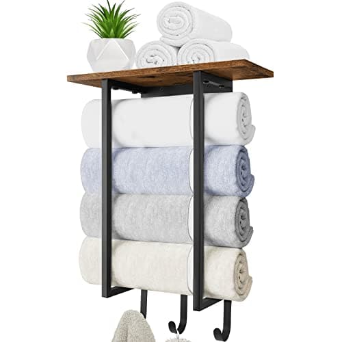 ELITEROO Towel Racks for Bathroom Wall Mounted, Towel Holder with Wooden Shelf and 3 Hooks for Washcloths Hand Towel, Bath Towel Storage Organizer for Small Bathroom, RV, Rustic Brown