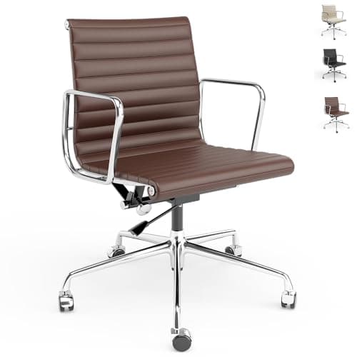 OTDMEL Ribbed Office Chair Top Grain Leather Desk Chair Mid Back Genuine Leather Swivel Chairs with Aluminum Alloy Arms & Base, with Silent Wheels, High Adjustable and Tilting Function,Brown
