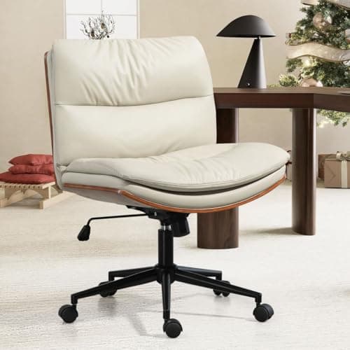 LONWIK Armless Modern Walnut Office Desk Chair with Wheels, PU Leather Adjustable Wide Swivel Task Chair, Ergonomic Cross Legged Computer Chair for Conference Room, Home Office (Beige)